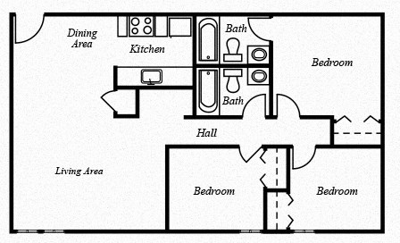Floor plan for 3 beds, 2 baths, 1000 sqft